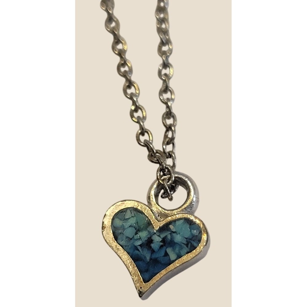 Vtg Heart Necklace Dainty Boho Crushed Stone Inlay Pendant Silver Blue 18"